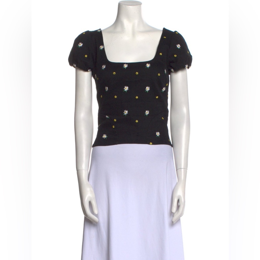 Miaou Daisy Embroidered Puff Sleeve Crop Top – Black (Size L)